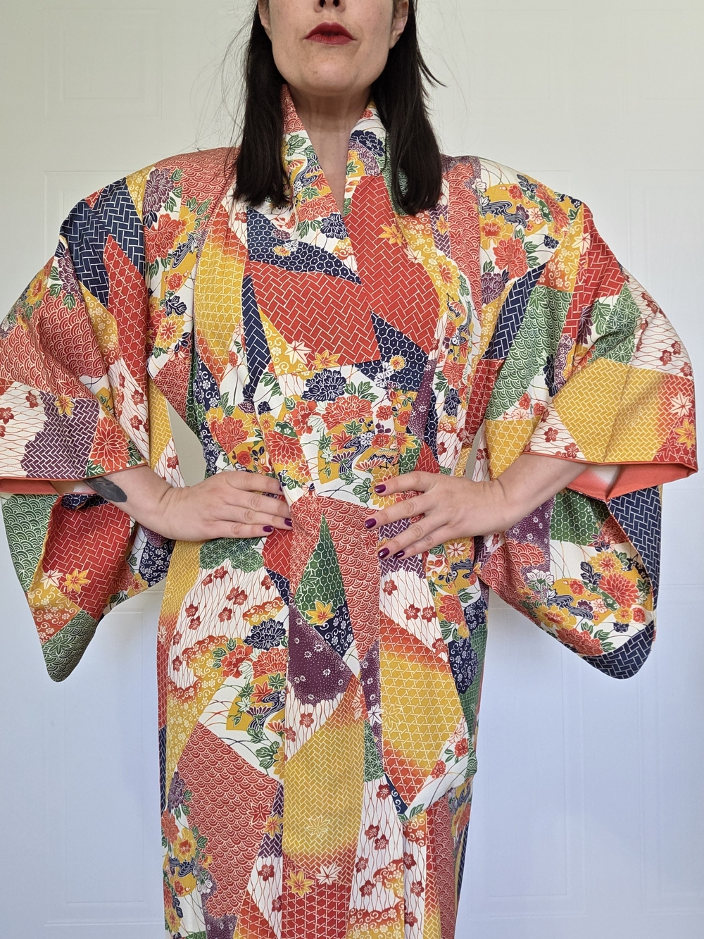 Vintage Japanese Silk Kimono | Patchwork Floral Print | Multicolor | 100% Silk